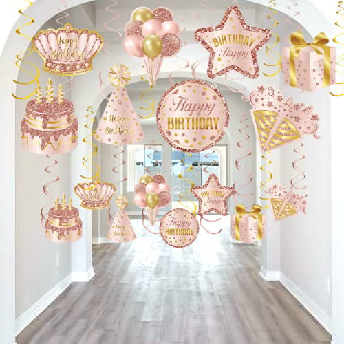 12 Happy 90th Birthday Hanging Swirls Pink Black Party Ceiling Decorations 