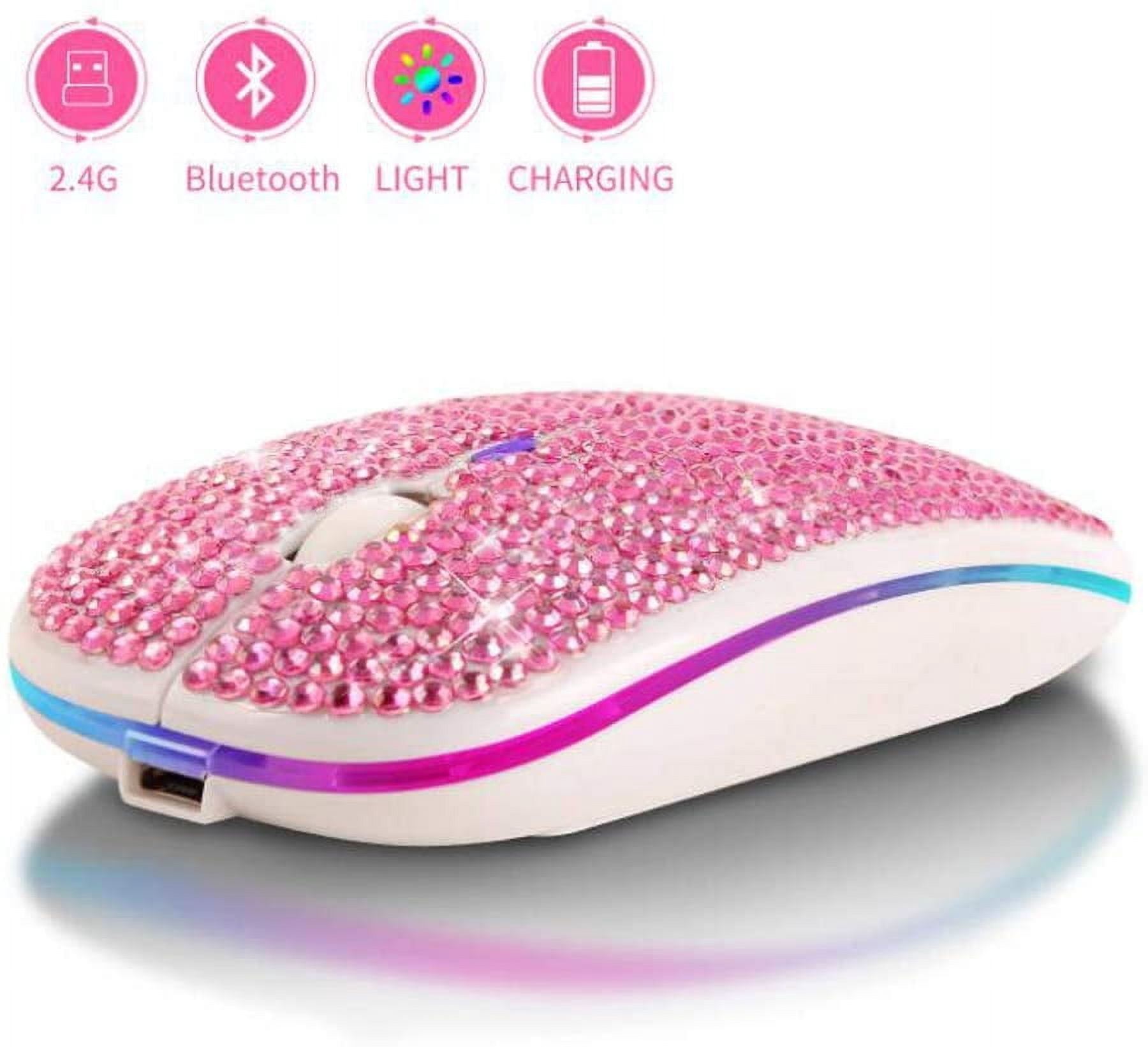 Bling Rhinestone Bluetooth Mouse, 2.4G Rechargeable Wireless Slim Mouse with USB Receiver, Sparkling Glitter Mouse for PC Laptop MacBook, Gift for Women