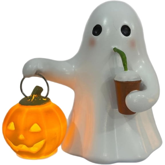 Fountwell Halloween Ghost Lamp Cute Ghost Statue Holding Pumpkin Night Light Spooky Desk Decor for Home Office