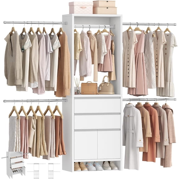 Closet System with 4 Hang Rods, Walk-in Closet Organizer System Wooden Storage Systems with 2 Drawers & Shoe Cabinet, Wardrobe Clothes Rack Garment Rack Fits Spaces 4-9.8FT, White MC00103E