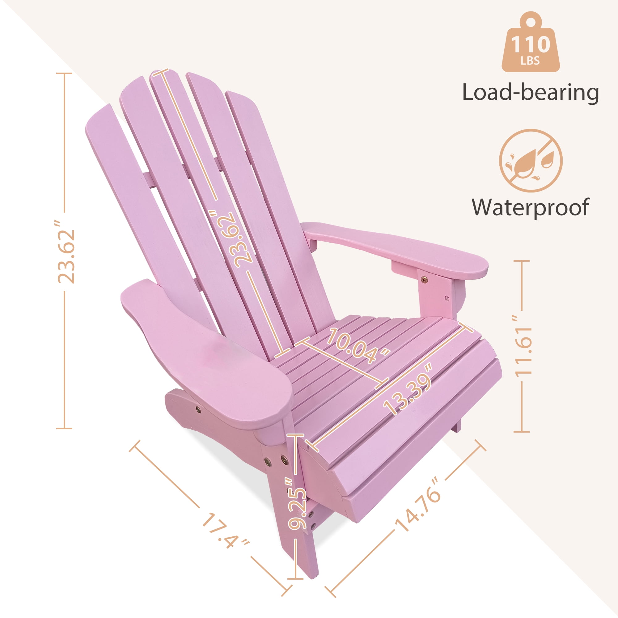 JONPONY Children Outsunny Wooden Adirondack Chair, Ergonomic Design Patio Lawn Chair for Outside Deck Garden Backyard Balcony,Pink