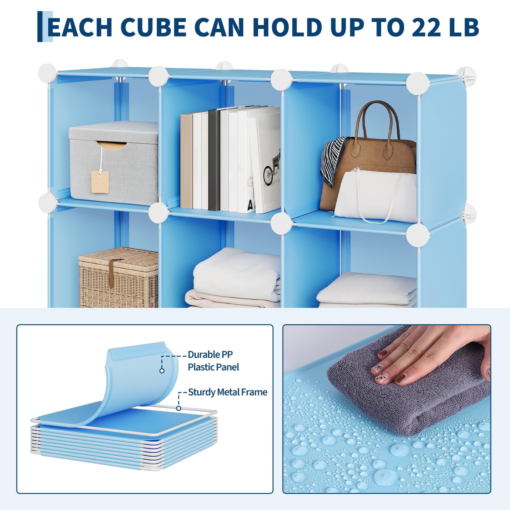 9 Cube Storage Organizer, DIY Modular Bookshelf & Closet Organizer, Plastic Stackable Shelving Cubes with Feet & Rubber Mallet