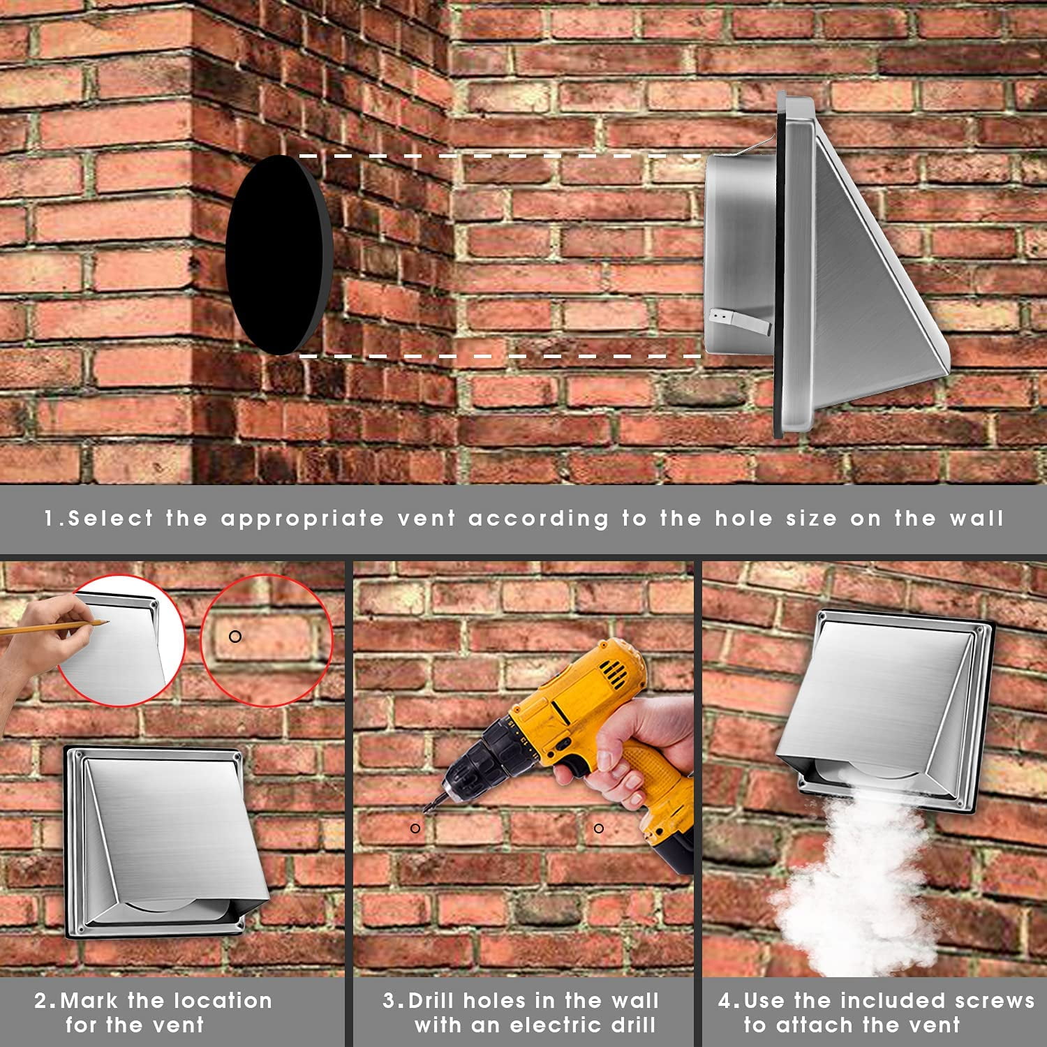 6-inch external extractor wall vent with cushioned non-return flap, stainless steel outside