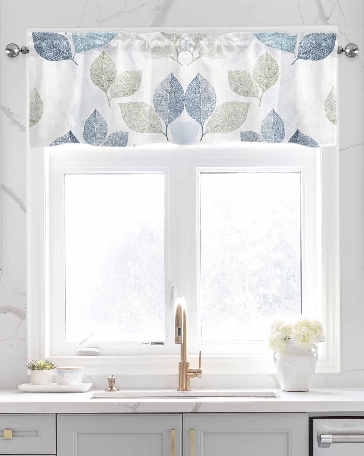 Sage Green Blue Leaves Kitchen Valances for Windows Farmhouse Linen Window Valance Curtain for Living Room Window Treatment Vintage Rustic Botanical Valance Rod Pocket Topper Drape, 54 x 18 Inch