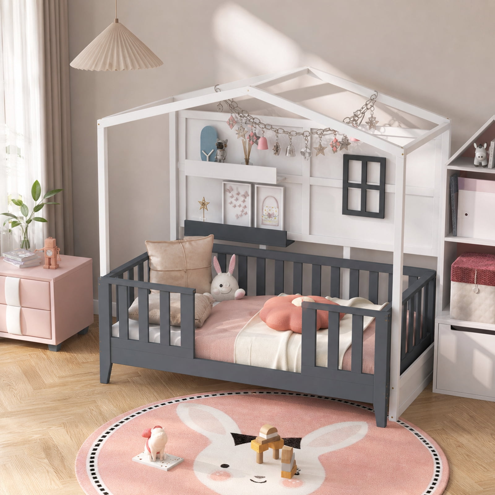 Furnibear Gray and White Twin Wood House Floor Bed Montessori Frame with 2 Shelves and High Guardrails, a Low Profile Twin Size Loft Bed and Full Size Bed Frame Alternative to a Queen Bed Frame