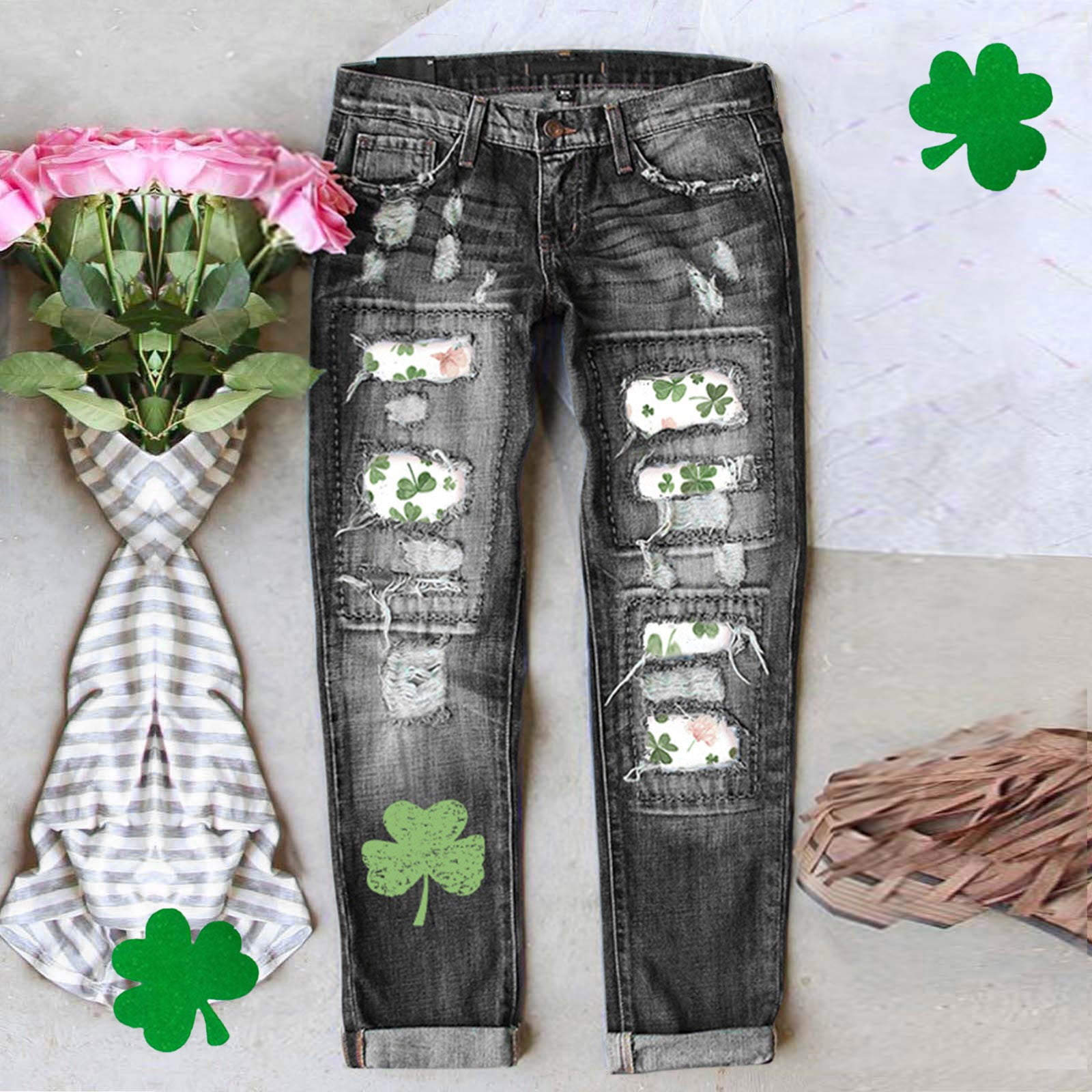 St Patrick's Day Straight Leg Jeans for Women Irish Clover Printed Denim  Pants Hole Ripped Distressed Baggy Roll Up Trousers Jeans for Women Trendy  (Blue,S) at  Women's Jeans store