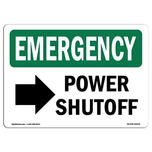 SignMission OS-EM-A-1218-L-10409 12 x 18 Po Signe d'Urgence OSHA - Coupure d'Alimentation Flèche Droite avec Symbole