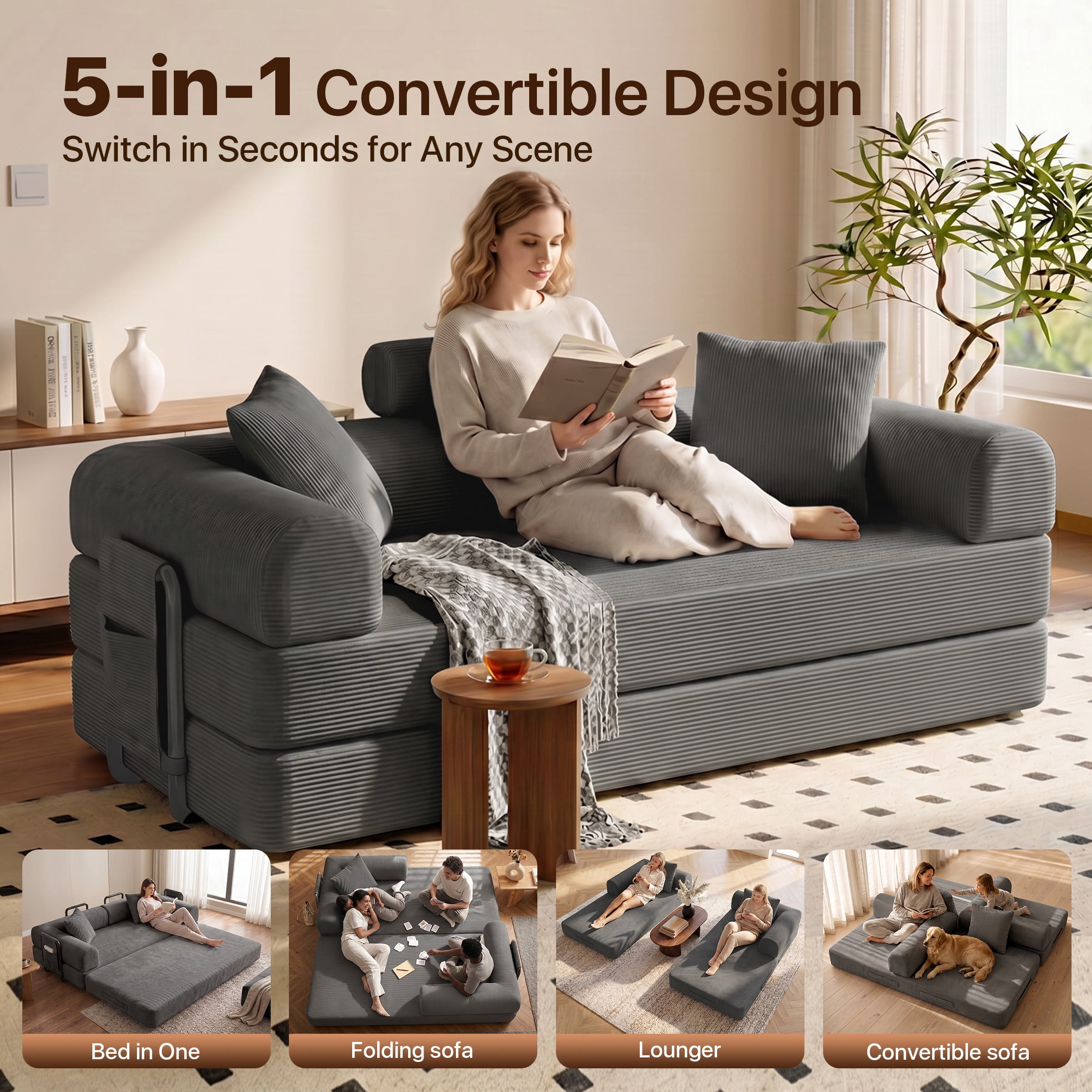 Modular Sectional Sofa Couch with Two Storage Bag, Plush Corduroy Upholstered Couch, Modern Sleeper Couches for Living Room, No Assembly Required, Gray