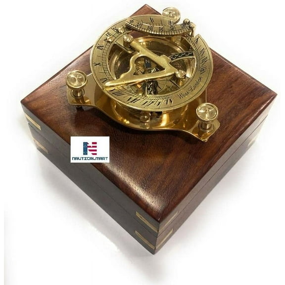 3.75" Brass Sundial Compass with Nautical Wooden Box