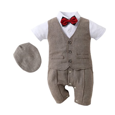 

Kgurtagh Baby Boy Tuxedo Suit Short Sleeve One-Piece Romper & Beret & Bowtie Newborn Boys Formal Outfits Infant Boy Dress Clothes (3pc 0-24 Months) Brown 3-6M