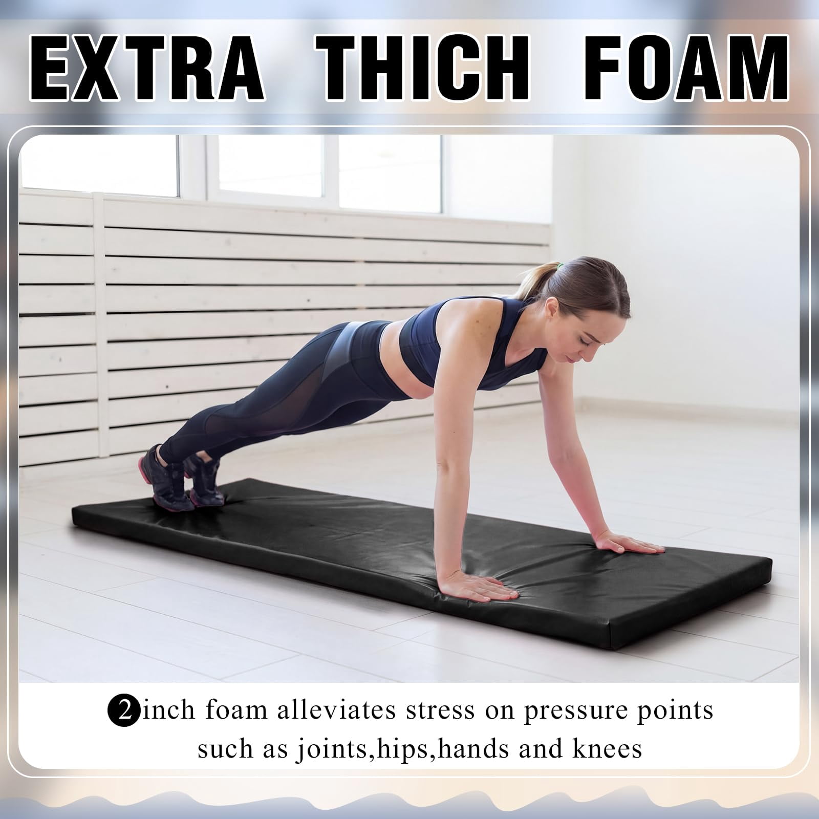 2 Inch Thick Foldable Yoga Mat Black 72"x24" For Pilates Stretching Gym Workouts