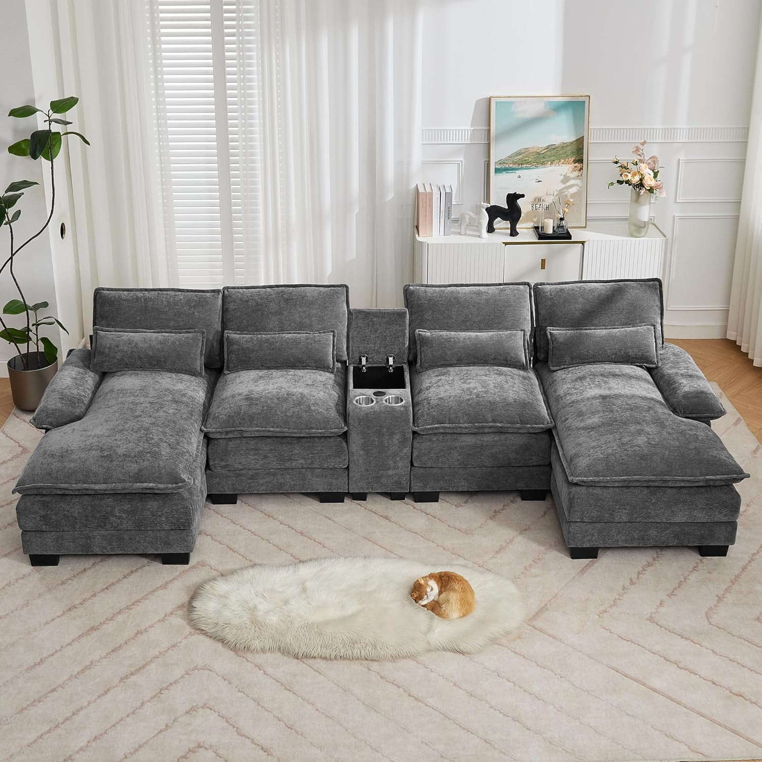 125'' U Shaped Cloud Modular Sectional Sofa with Chaise Lounges, Chenille Upholstered Comfy Couch with Storage Console, USB Charging Ports & Cup Holders, Modern Deep Seat Sofa for Living Room, Black