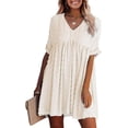 thumbnail image 1 of Vestido corto holgado de verano con mangas cortas y escote en V sexy para mujer, vestido informal con lunares suizos, vestido de talla grande, 1 of 5