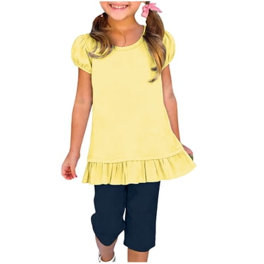 Girls Short Sleeve Top Yellow Cotton Puff Sleeve Shirt Ruffle Hem Casual Play Tops for Kids Little Kids,Size 1-2T