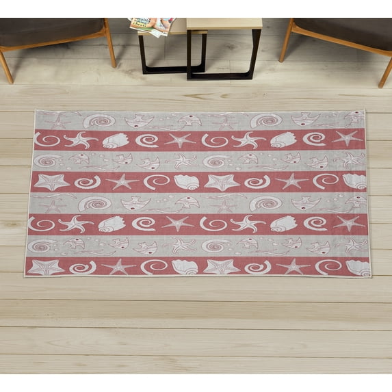 Nautical Decorative Rug, Marine Theme Sea Animals Fishes Shells on Striped Blue Background, Quality Carpet for Bedroom Dorm and Living Room, 6 Sizes, Pale Eggshell, by Ambesonne