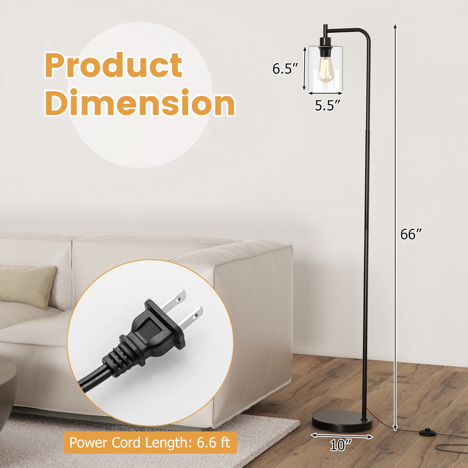 Giantex Industrial Standing Floor Lamp, Modern Reading Lamp w/Clear Glass Lampshade & Foot Switch, Tall Pole Lamp, Black