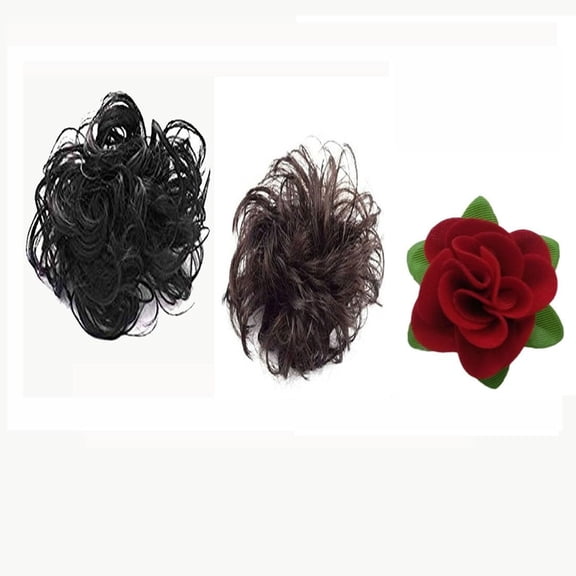 Swadeshi Desire Brown Rubber Juda and 1 Pcs Red rose flower Hair Pin for Women/Girls for Festive/Hair Styling Combo of 3 Hair Accessories