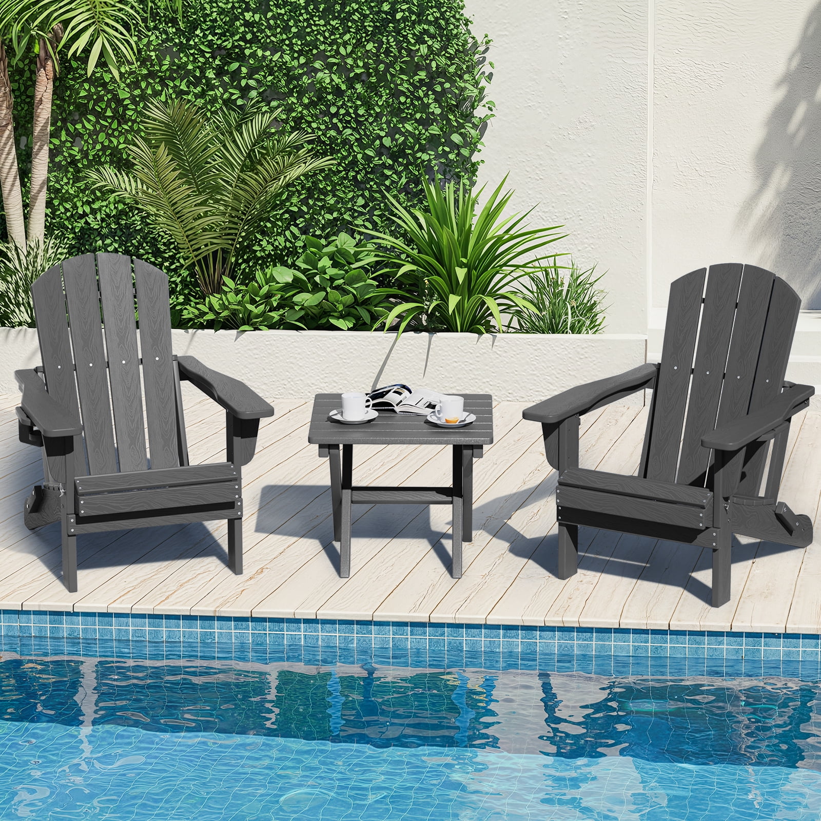 SERWALL Outdoor Small Folding Side Table, HDPE All Weather Adirondack End Table, No Assembly Required, Gray