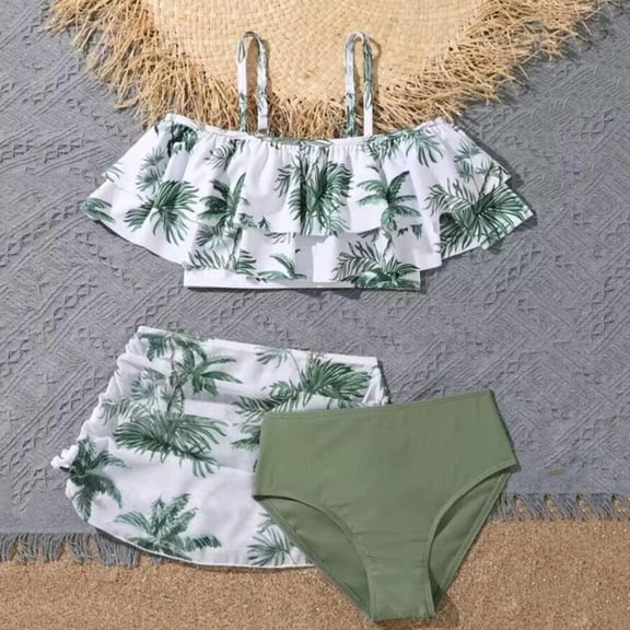 BXSRUTA Teen Girls Three Piece Swimsuit Set Sling Bow Print Tankini Kids Bathing Suit Summer Beach Wear