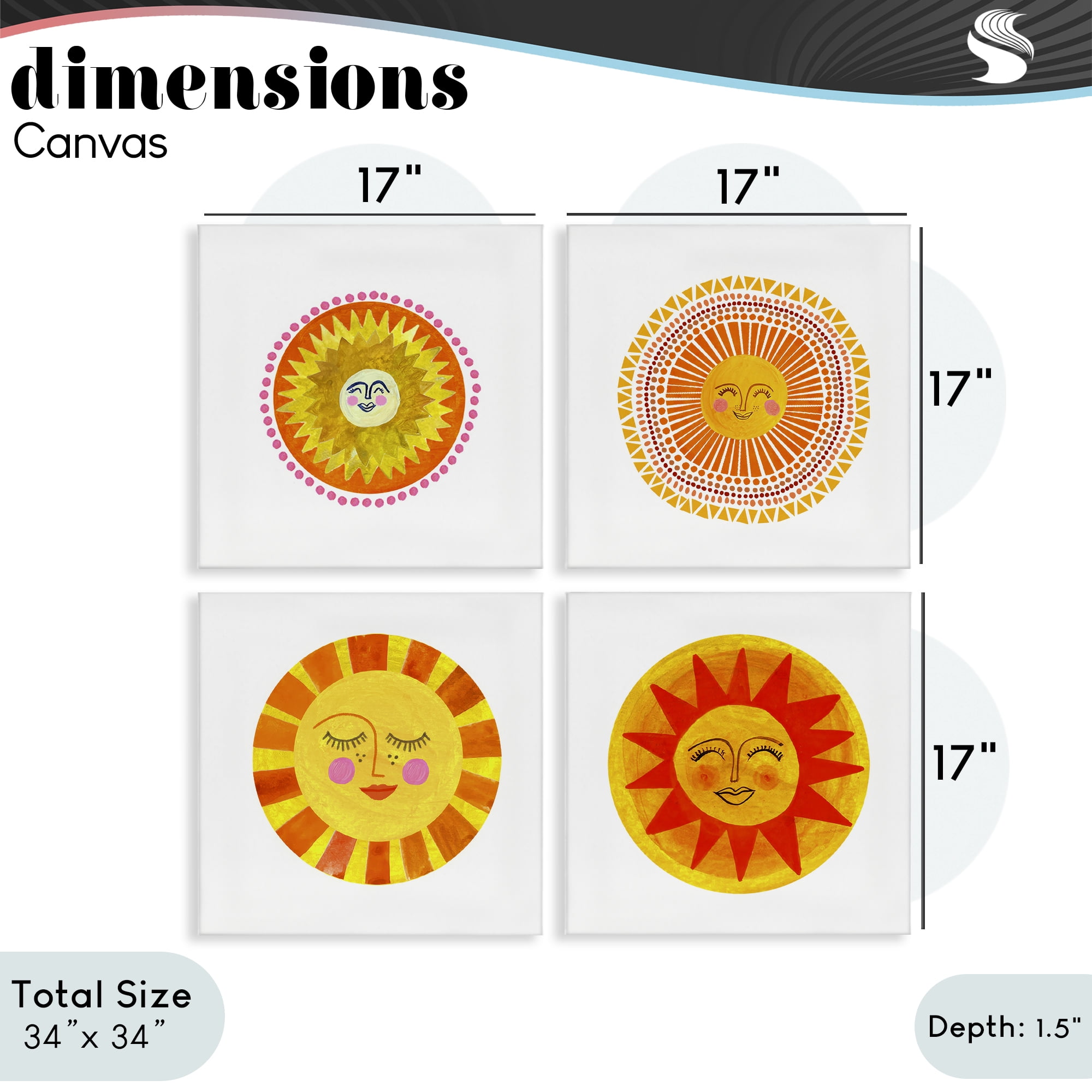Stupell Industries Whimsical Smiling Suns 4 Piece Canvas Wall Art Set, design by Katherine Herrell Studio