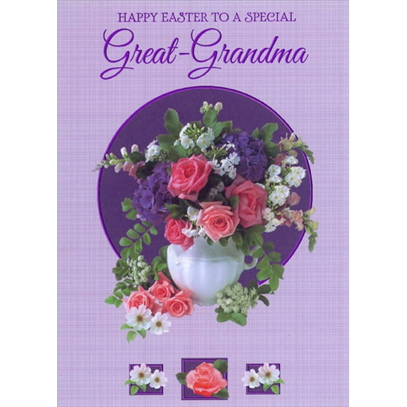 Designer Greetings Pink Flowers in White Vase Inside Purple Foil Bordered Circle Great-Grandma Easter Card