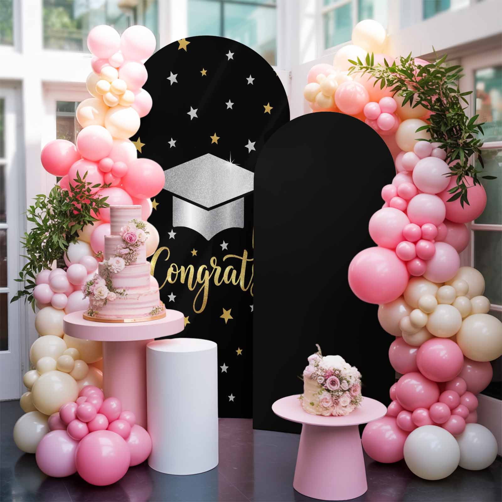 Congratulate Graduate Season Arch Backdrop Cover 7.2 FT Graduation Hat Golden Sliver Star Black Stretchy Arch Stand Covers Spandex Arched Background Birthday Wedding Party Decoration (No Stand)