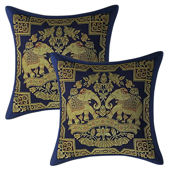Stylo Culture Indian Christmas Brocade Navy Blue And Gold Throw Pillow Covers 12x12 Jacquard Weave Banarasi Christmas Pillow Covers Elephant Floral 30x30 cm Cushion Covers (Set Of 2)