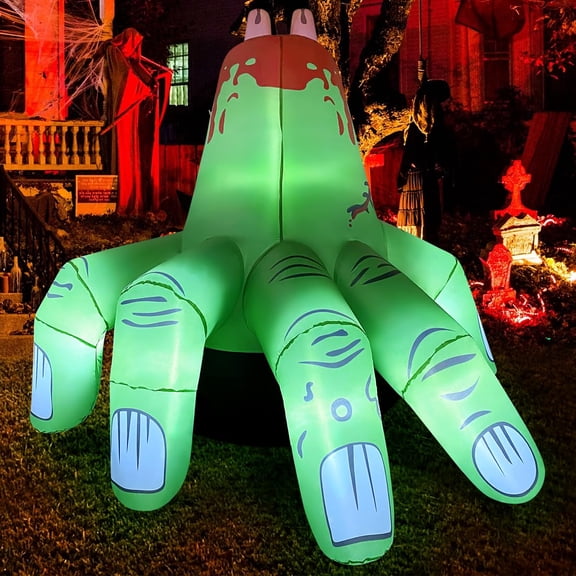 COMIN Inflables de Halloween de 6 pies Decoraciones al Aire Libre de Mano explotan el Patio Gigante Verde Aterrador con LED incorporados para decoración de césped de jardín de Fiesta Interior