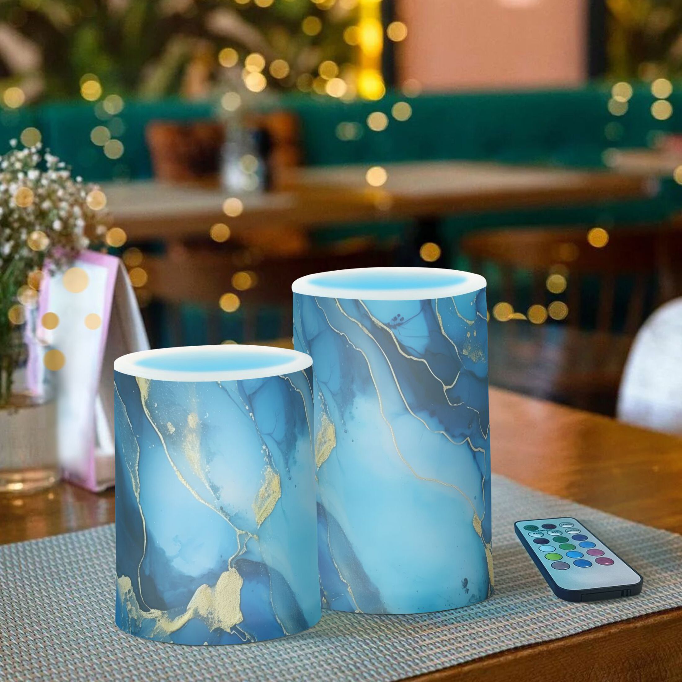 Sapphire Blue White Marble Flameless Candles with Remote Timer LED Battery Operated Flickering Candle Light for Festival Wedding Home Party
