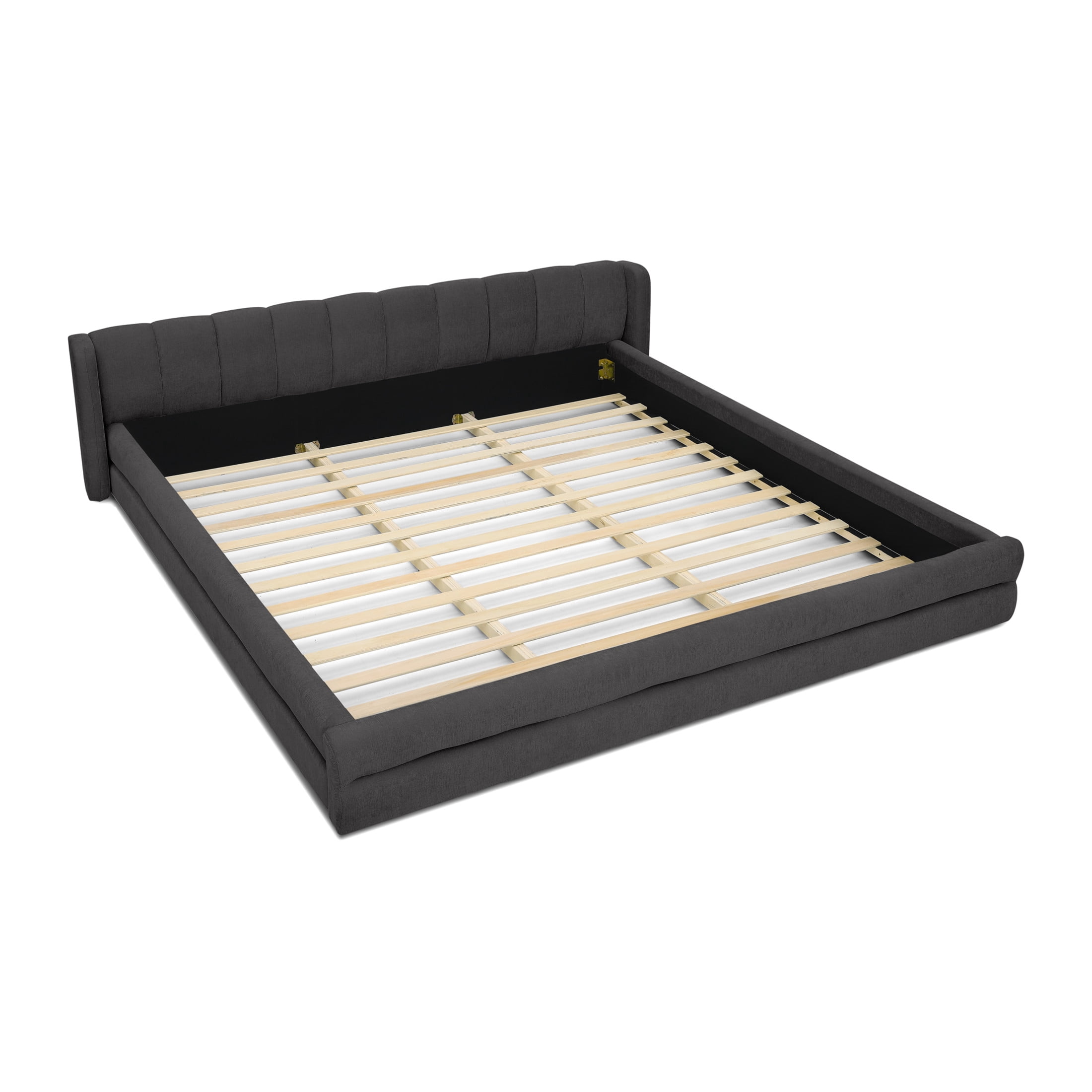 Noble House Heliox Modern King Size Grounded Bed Frame, Chenille Upholstered Platform Bed with Headboard, Dark Gray