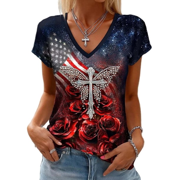 Mujeres Manga Corta Tops Moda Casual de las Mujeres Cómoda Impresión V-Cuello Blusa Camiseta Superior Suave Y Transpirable Tejido Estilo Casual Usabilidad de Múltiples Ocasiones