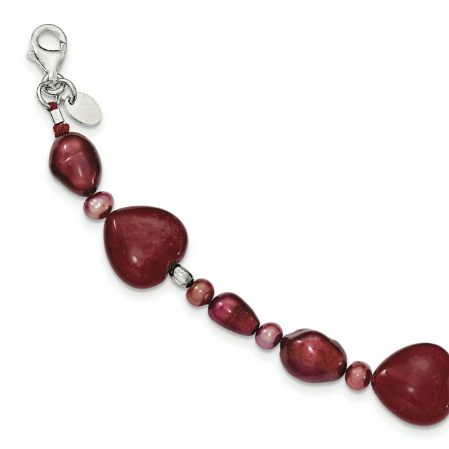 925 Sterling Silver Red Jade Heart S Fw Cultured Pearl Bracelet Natural Stone Shell Wood