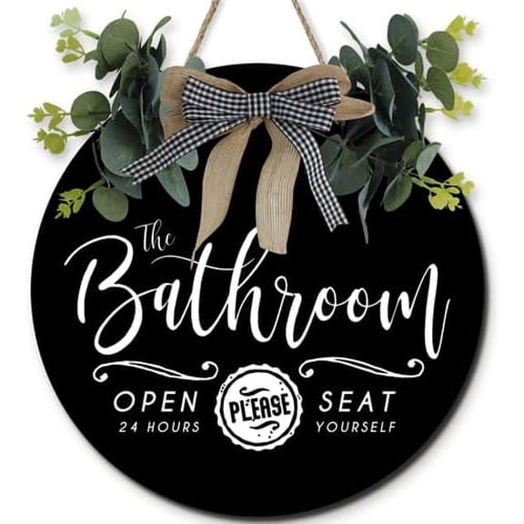 The Bathroom Open 24 Hour Set Youself Signs for Doorch, Farmhouse Rustic Round Wooden Hanging Wreaths for Bathroom Wash House Toilet Housewarming
