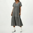 thumbnail image 4 of Plus Size Women's V-Neck Flowy Long Dress - Loose Fit Swing Short Sleeve Maxi Dress for Summer, Casual Wear, or Beach Cover-Up,Gray L, 4 of 5