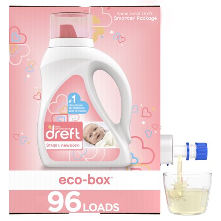 Dreft Eco-box Stage 1: Newborn HE, 96 Loads Liquid Laundry Baby Detergent, 105
