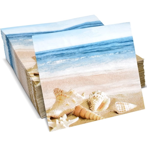 Gift Boutique Nautical Cocktail Napkins, 100 Count 3-Ply Paper, Beach Seashell Starfish Design, Disposable Beverage Napkins 5x5 Folded Blue