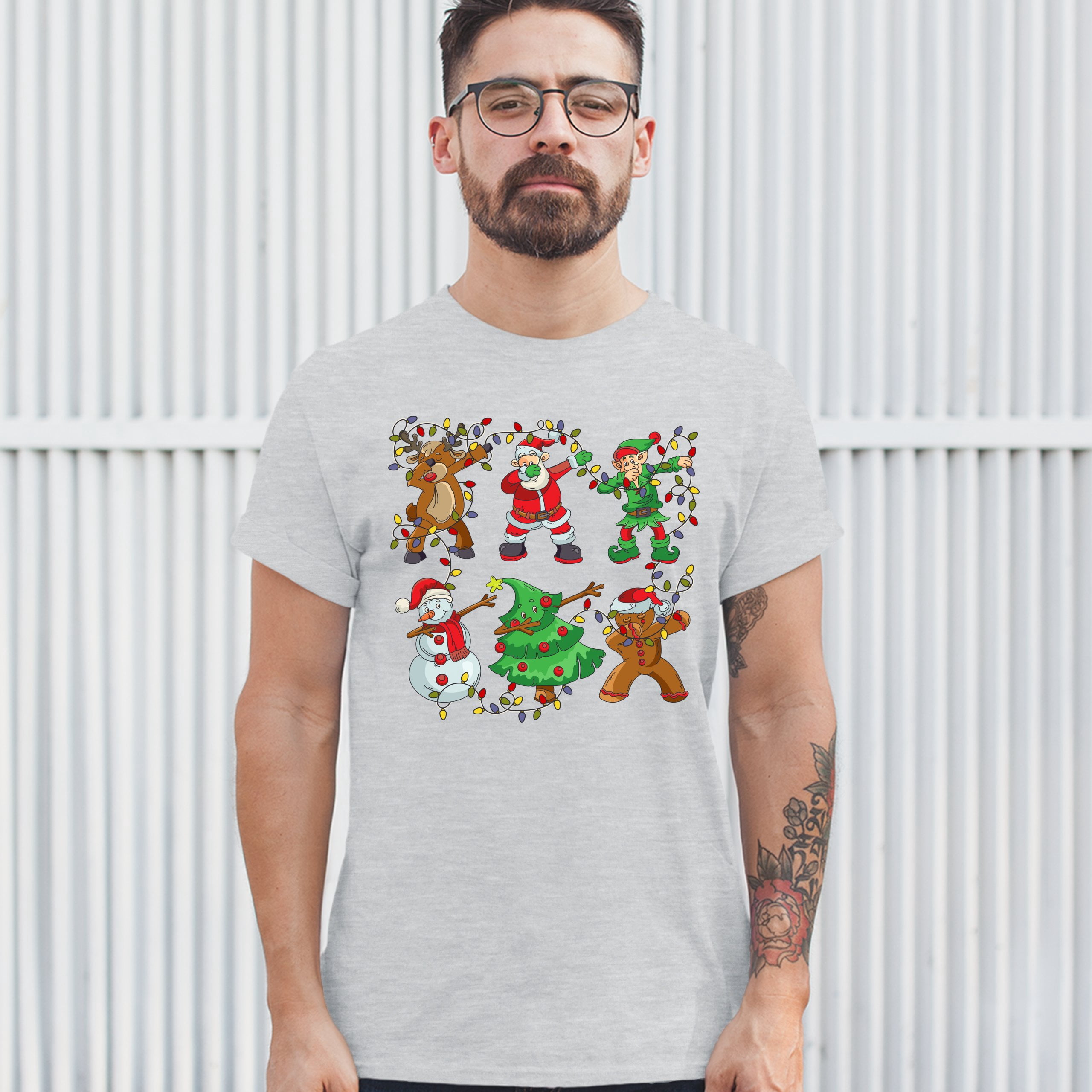 Tee Hunt Christmas Crew Dabbing T-shirt Reindeer Santa Claus Elf Snowman Men's Tee, Ash Gray, X-Large