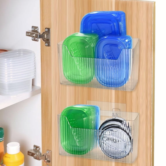 2-Pack Clear View Cabinet & Pantry Door Organizers with Lid - Adhesive Wall Mounted Storage Baskets for Kitchen, Under Sink, Food Container Lids
