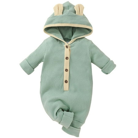 

Frontwalk Baby Cute Long Sleeve Bodysuit Buttons Plain Playsuit Infant Hooded Travel Jumpsuit Green 9-12M