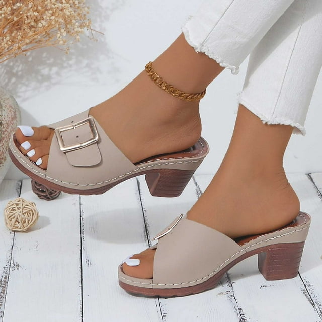 Aqestyerly Women's Thick Heel Platform Sandals,Plus Size Buckle Flip-flops Round Toe Wedges HWRETIE