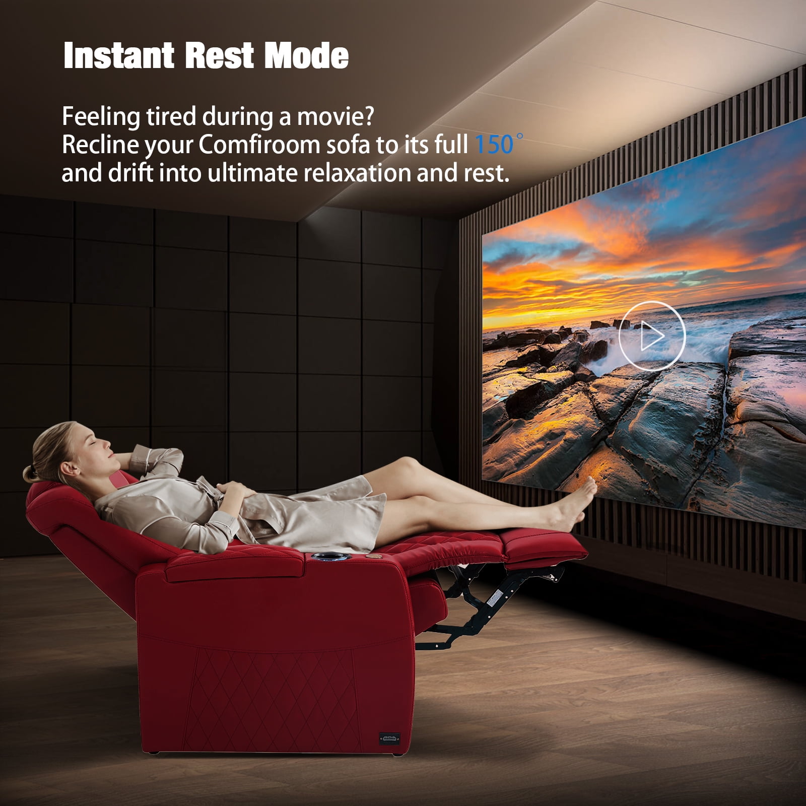 comfiroom Home Theater Seating Classic Series Top Grain Leather Recliner Chair Dual Power Electric Headrest Movie Gaming Sofa with Tray Table Type-C USB Charger (RED, Row of 4 Loveseat Left)