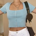 thumbnail image 3 of SUNSIOM Women Summer Knit Pullover Solid Square Collar Short Sleeve Crop Top, 3 of 9