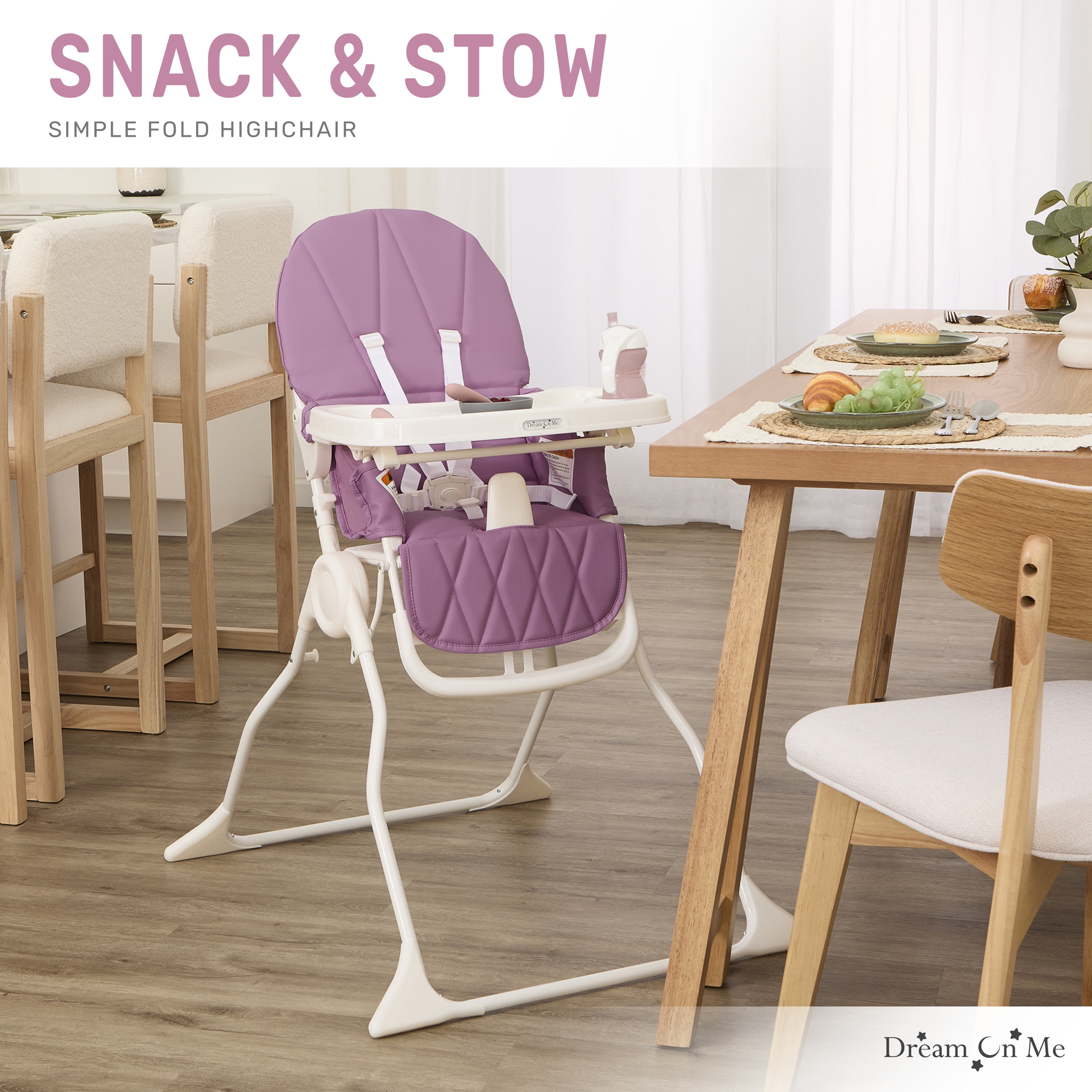 Dream On Me Snack and Stow Baby high Chair, Easy to fold and Store Travel high Chair, Removable and Three Position Adjustable Tray Portable high Chair, Mauve