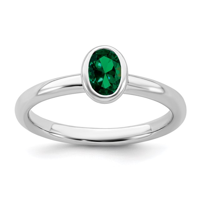 925 Sterling Silver Oval Created Emerald Stackable Ring Birthstone May Gemstone