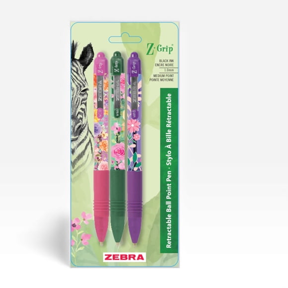 Z-Grip Floral Wrapped Barrel Retractable Ballpoint Black Ink 3pk