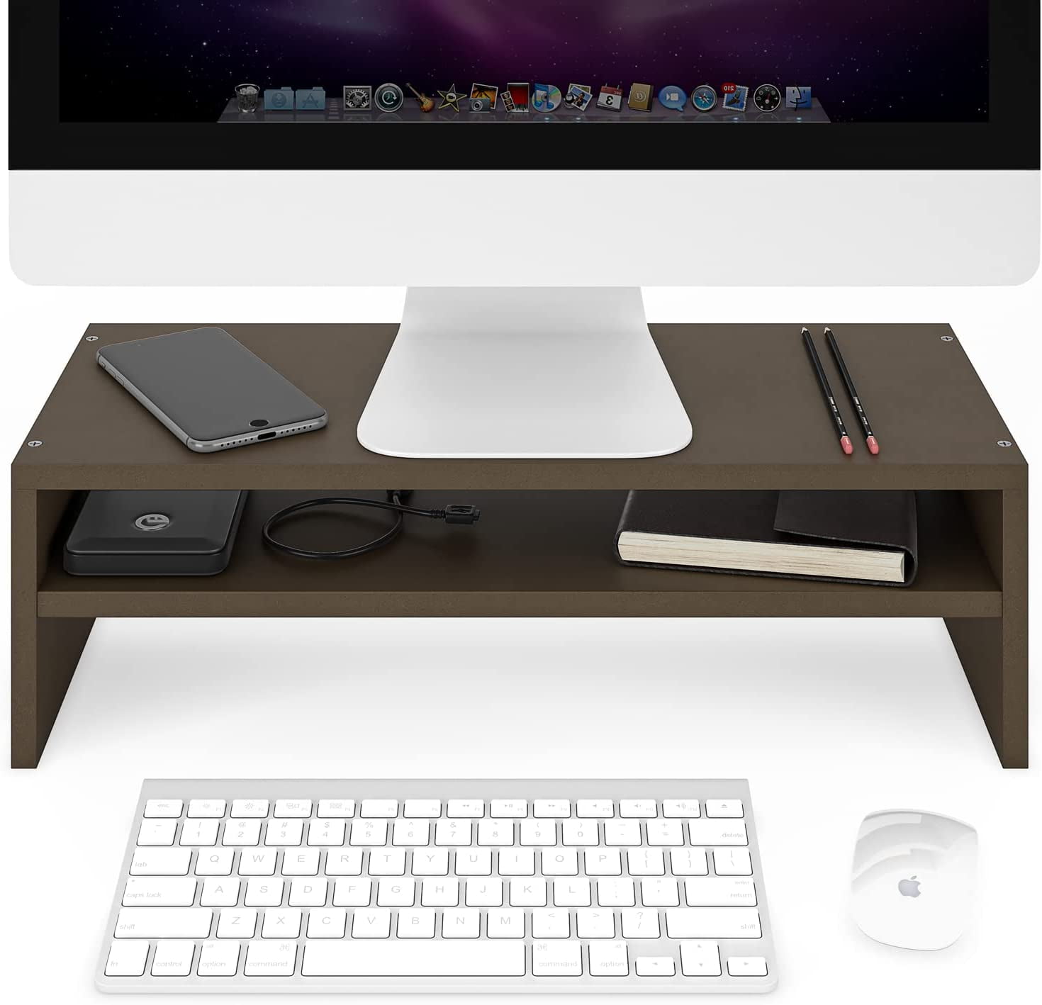 2Tier Monitor Stand for Desk, Wood Desktop Monitor Riser with Storage Shelf, Printer Stand