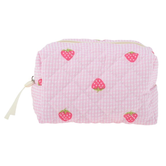 Unique Bargains Quilted Stripe Strawberry Square Makeup Bag for Travel Pink Polyester