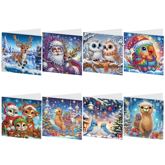 8 pcs Diamond Art Painted Greeting Card, Santa Claus Owl Camel 5D DIY Special Shape Diamond Card Creative Gift, Christmas Thanksgiving Greeting Card Congratulation