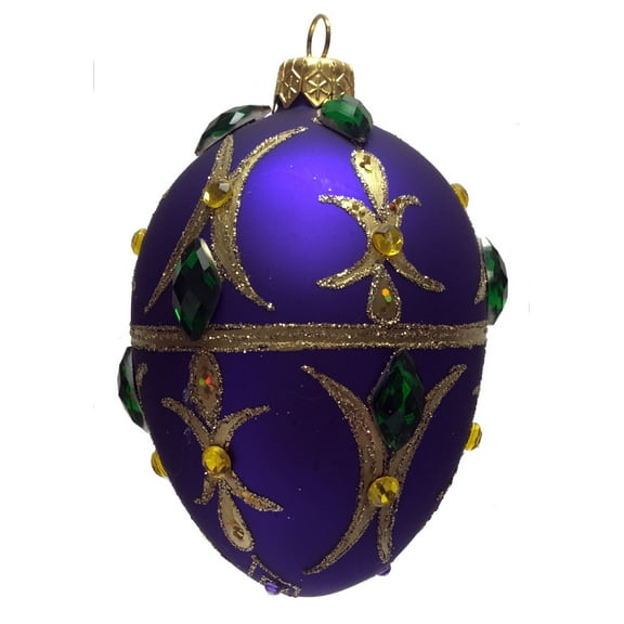 Purple Egg with Green and Gold Jewels Polish Glass Christmas Ornament Mardi Gras