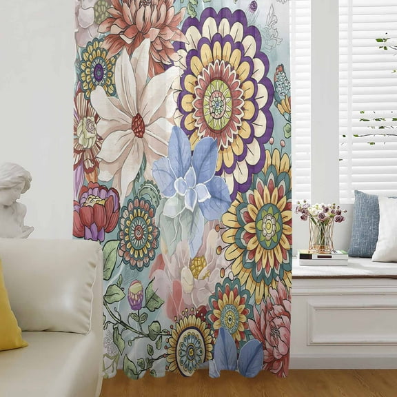 Boho Floral Semi Sheer Curtains Drapes for Living Room, Bedroom, French Doors Window 72 Inches Long, Bohemia Colorful Mandalas Botanical Flower Rod Pocket Chiffon Curtain Drapery Voile Drape Panel